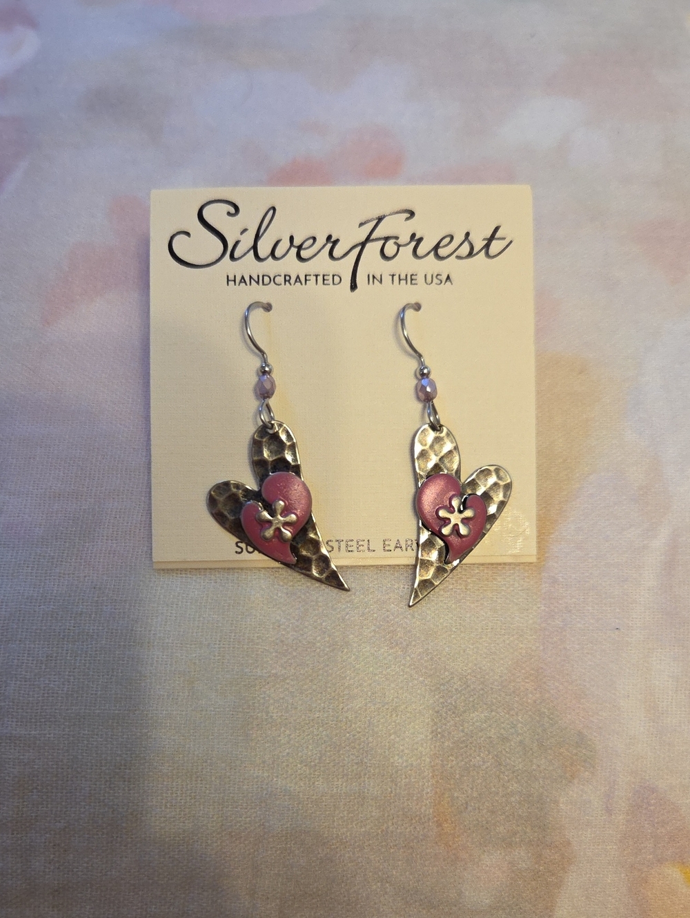 Silver Forest Pink and Silver Heart Drop Earrings